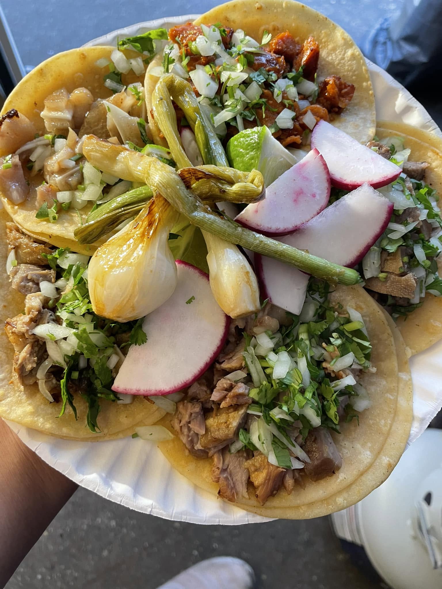 A plate of assorted tacos with grilled spring onions, sliced radish, and lime