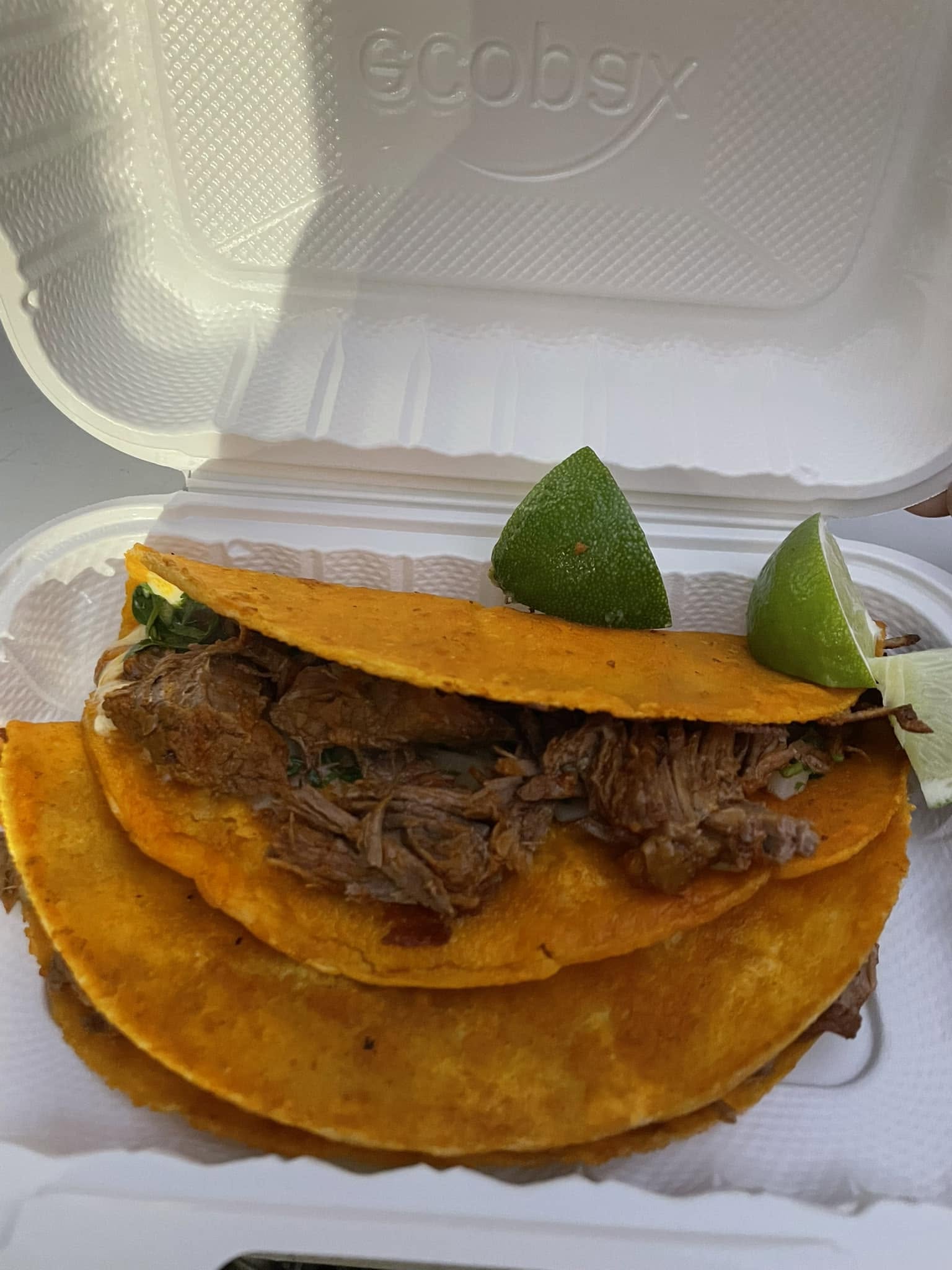 Birria — crispy tortillas filled with tender shredded beef, served with lime